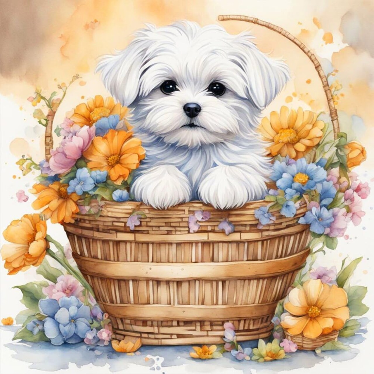 Diamond Painting Kits for Adults, Dog Round Full Drill Diamond Art Kits, 5D DIY Paint with Diamonds Crafts for Home Wall Decoration Gifts 12×12Inch Flower Basket